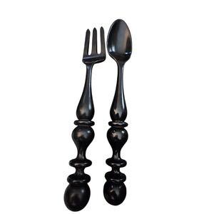 Vintage Black Serving Spoon and Fork Set Ornate Handle Kitchen Utensils